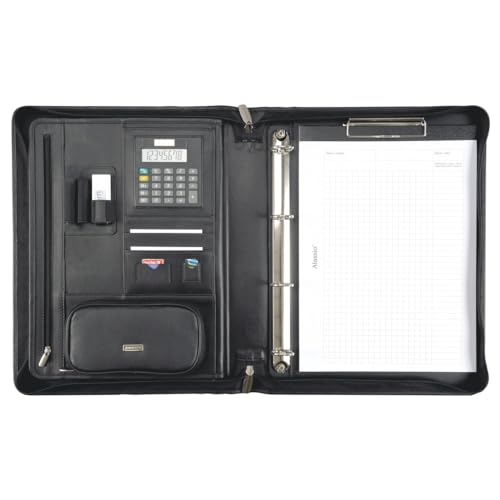 ALASSIO 30061 Ringbuchmappe A4 BOSA, Mappe aus Nappaleder, Ledermappe mit Ringmechanik und Klemmbrett herausnehmbar, Reißverschlussmappe schwarz, Businessmappe ca. 35 × 27 × 5 cm