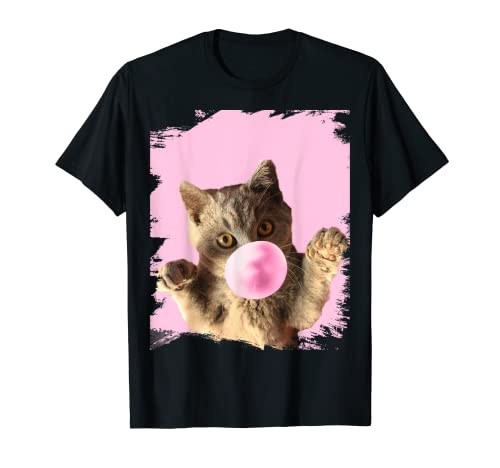 Cute Kitty Cat Chewing Pink Bubble Gum T-Shirt, Black