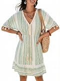 CUPSHE Vestido de verano con flecos para mujer, cuello en V, encaje, manga corta, estampado Paisley, bohemio, casual, vestido de playa para vacaciones, mini vestido, M