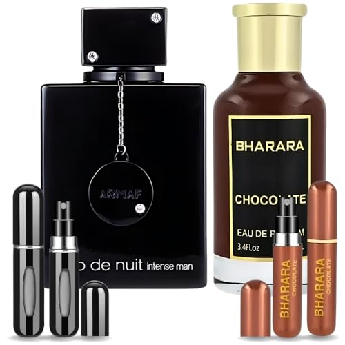 Men's Bundle Club De Nuit Intense Man 3.6oz EDT & Chocolate Bharara 3.4oz EDP & 2 Empty Travel Perfume Atomizer Gift -Spicy Woody Sweet-Long Lasting for Men