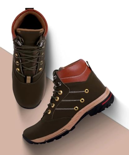 Image of Hiking Boots, Black and Tan, Lace-Up High Ankle, Metal Eyelets, Rugged Outdoor Footwear