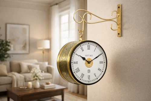 Image of Handcrafted Double Side Metal Analog Vintage Wall Clock | 1.5 Year Machine Warranty | 8 INCHES | 1 Side Number 1 Side Roman,Color L-Golden