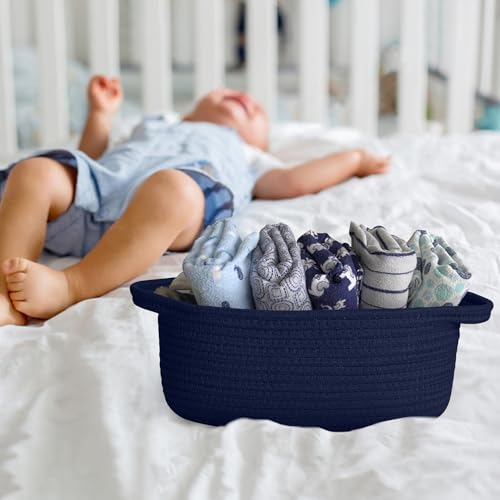 Image of Small Blue Gift Basket, Woven Baskets for Gifts Empty, Cotton Rope Cat Dog Toy Bin Box, Wicker Basket with Handles, Baby Nursery Shelf Storage Basket for Home Decor, Navy Blue, 12 inchx 8 inchx 5 inch