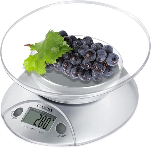 CAMRY Digital Kitchen Scales with Bowl Electronic Food Weight Scales 0.6L Bowl Liquids in ml and fl. Oz. Tare Function LCD Display Easy Storage 5kg/11lb 2xAAA Batteries(Included)-Silver