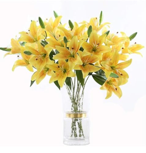 Image of VRB Dec 1 Pcs (3 Head) Lily Artificial Flowers Bunch Foam Flowers Sticks,Lily Artificial Flowers for Home Decor,Bedroom, Living Room, Table, Balcony, Office, Wedding, Pooja (Yellow Color)