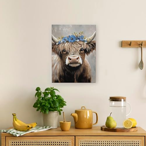 Toile fleurie vache des Highlands pour une atmosphère douce et cocooning - 2