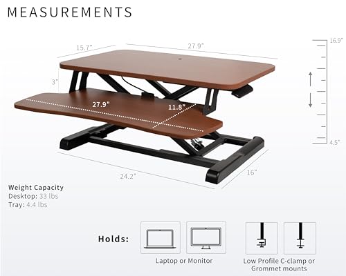 Image of VIVO 28 inch Desk Converter, K Series, Height Adjustable Sit to Stand Riser, Dual Monitor and Laptop Workstation with Keyboard Tray, Dark Walnut Top, Black Frame, DESK-V028KA