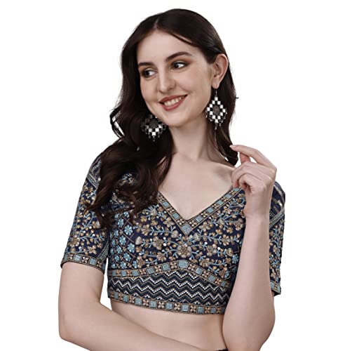Image of Pujia Mills Mills Women's Fancy Readymade Heavy Coding Embroidary Worked Half Sleeve Multicolor Saree Blouse(Mushroom)