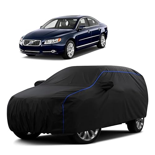 Image of Sulfar 100% Water Resistant Car Body Cover Compatible with Mirror for Volvo S80 (Triple Stitched, Full Bottom Elastic, Black Tafetta with Blue Piping)
