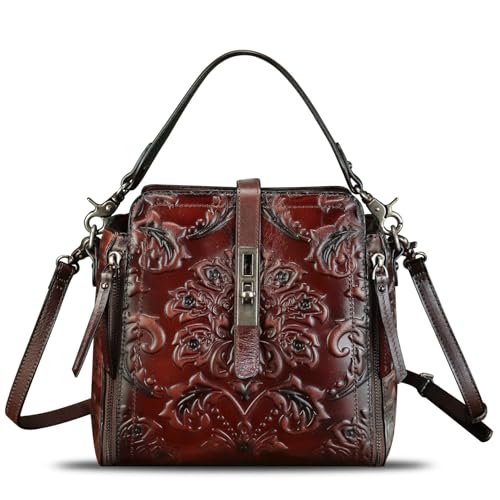 Genuine Leather Purses and Handbags for Women Retro Embossed Crossbody Shoulder Bag Satchel Pouches (Coffee)