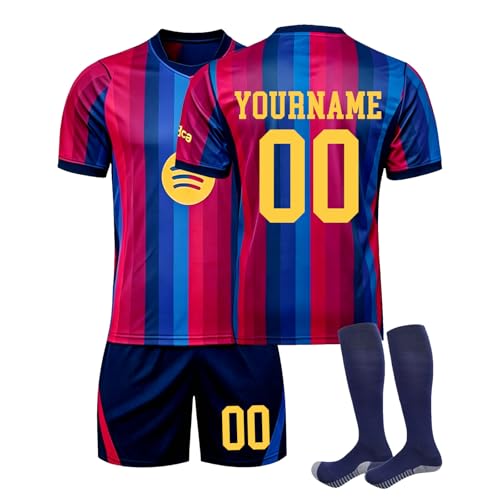 Ensemble Maillot Barcelone Enfant Personnalisable avec Nom & Numéro, Tenue de Sport Respirante Séchage Rapide, Maillot + Short + Chaussettes