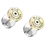 Pierced Owl 16GA Winchester 9mm Luger Bullet Casing 316L Stainless Steel Fake Cheater Plugs, Sold as a Pair