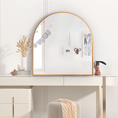 Cassilando Arched Mirror, 31.5"×33.5" Arched Bathroom Mirror, Metal Frame Mirror, Unique Wall Mounted Mirror, Gold Vanity Mirror For Living Room, Fireplace, Bedroom, Entryway #TOP1