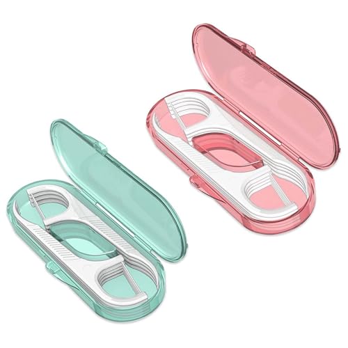 Dental Floss Travel Portable Dental Floss Box with Replacement Set Pink and Green (2pcs)
