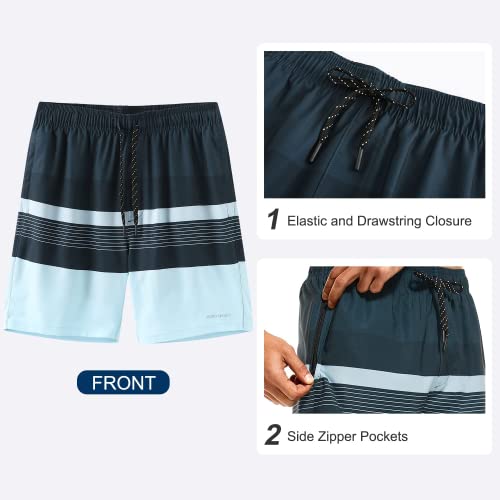 Hodosports Mens Swimsuit Trunks 7" Quick-Dry Swim Shorts With Compression Liner And Zipper Pockets (Large,Stripe C) #TOP3