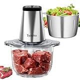Electric Food Processor Vegetable Chopper, Kitchen Aid Easy Clean Meat Grinder with 2 Bowls (8 Cup Stainless Steel+8 Cup Glass), Small Food Mixer for Fruits/Meat/Nuts/Fish/Vegetable/Pet Food/Baby Food