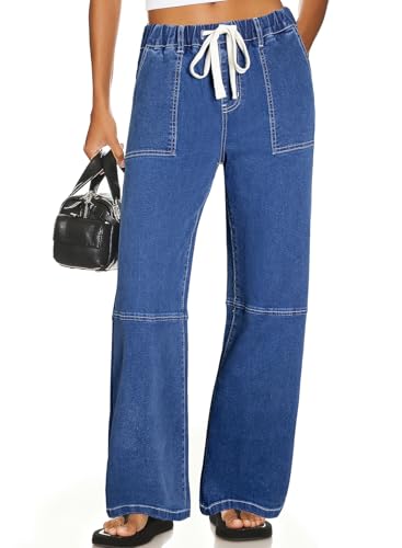 Sidefeel Women Denim Jeans High Waisted Elastic Straight Leg Stretchy Wide Leg Jeans Trendy Drawstring Baggy Loose Denim Pants Light Blue Size 16