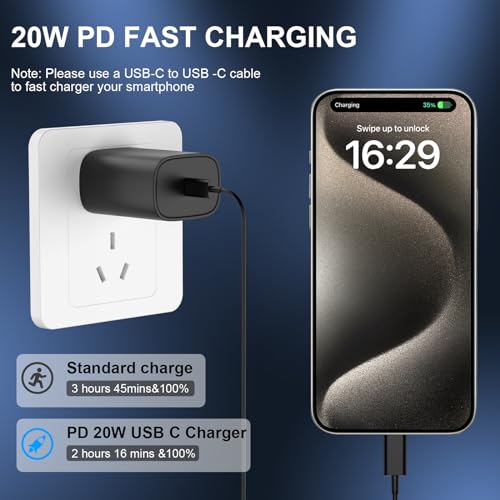iPhone 15/15 Pro Max Charger, 2-Pack 20W Type C Fast Wall Charger Power Adapter, USB C Charger Block for iPhone 15/15 Plus/15 Pro/15 Pro Max, iPad Pro/Air/Mini with 3FT USB-C to C Cable,Black