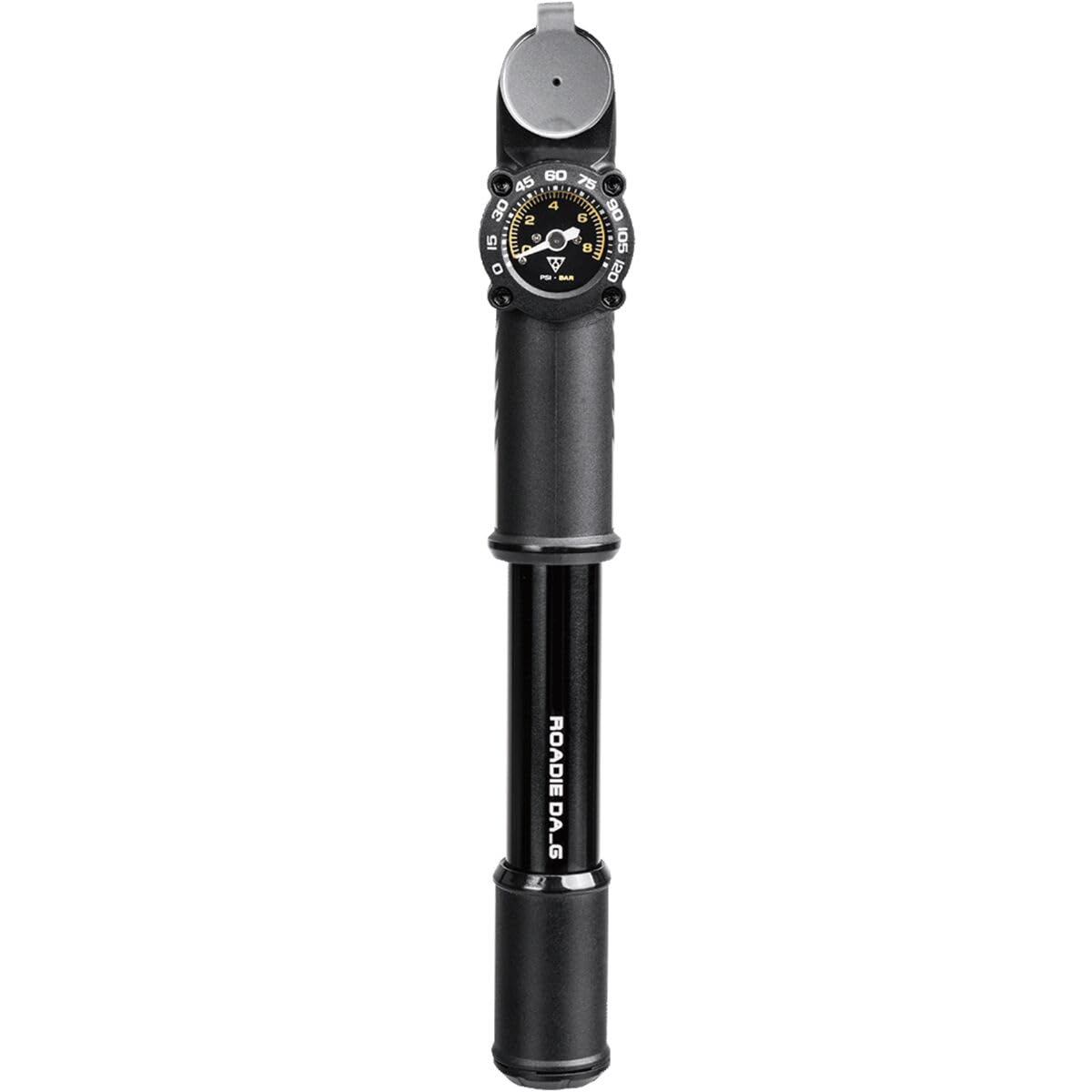 Topeak Roadie DA G Mini Bike Pump with Gauge – Dual-Action High-Pressure, 120 psi / 8 bar, Alloy Barrel, Analog Gauge, Compact 8.6” Design with Mounting Bracket for Road Riders