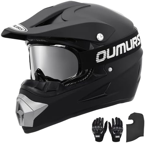 OUMURS DOT Adult ATV Dirt Bike Helmet with Goggles Gloves & Mask Adjustable Sun Visor Motorcycle Adult Helmet Off-Road Motocross Downhill Moped MX for Unisex-Adult OUMURS 125A-Matte Black, M