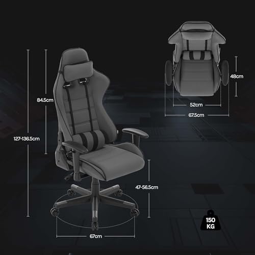 Sedia Gaming di Tessuto Traspirante, Poltrona da Gaming Ergonomica, Sedia da PC con Poggiatesta, Cuscino Lombare, Braccioli Regolabili, Funzione Basculante, Tessuto a Rete, Grigio - Sedia gaming - Immagine 2