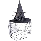 NiuXTool Black Witch Hat with Lace Veil, Polka Dot Pattern, Feathers & Black Fabric Flowers, Soft & Comfortable, Halloween Costume Accessory for Women