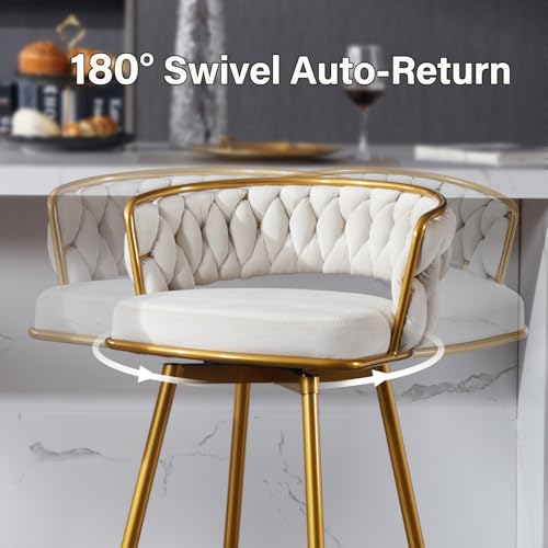 BV 26'' Velvet Counter Stools Set of 2, Luxury Bar Chair with Woven Back, 180° Swivel Bar Stools with Gold Legs for Kitchen Island, Mid Century Modern Counter Height Barstools for Dining Room, White - Image 4