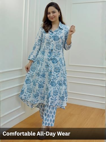 Image of Leriya Fashion Women's Cotton Printed A-Line Kurti Pant Set | Abstract Leaf & Floral Kurta with Trouser Pant | Casual Ethnic Co-ord Set for Women Stylish | Elegant Anarkali Style Tunic Kurta Set