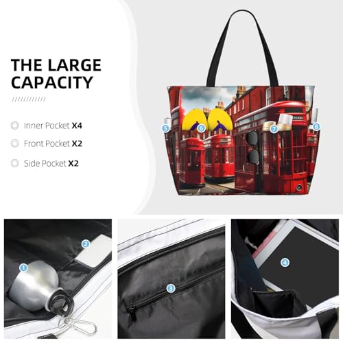 Red London Street Print Large Waterproof Beach Bag For Women With Zipper And Pockets For Travel Vacation3