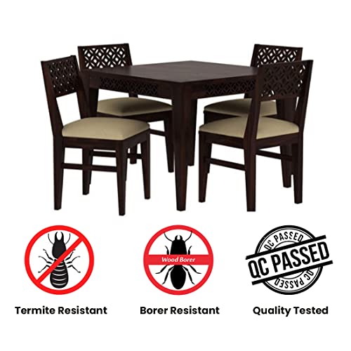 Image of Solid Sheesham Wood 4 Seater Dining Table Set with Cushioned Chairs for Dining Room | Living Room | Home & Office | Hotels Restaurant & Cafe (4 Seater, B-Walnut)