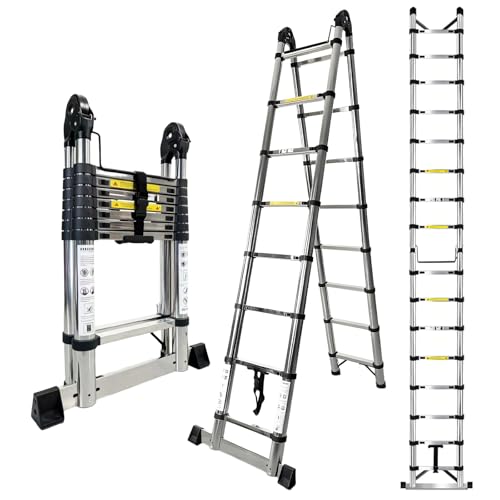 Arstheco Telescopic Ladder 5M(2.5+2.5) Multi-Purpose Stainless Steel FoldableLadder A-Frame Step Ladder With Anti-Slip Feet Safety Lock 150kg/330lb Max Load for Loft and Outdoor Use