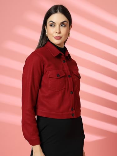 Image of CHKOKKO Solid Crop Jackets for Women stylish latest Long Sleeve Stylish Winter Shirt Jacket Casual Outerwear for Office