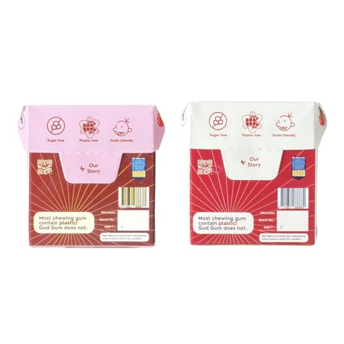 Image of Gud Gum- Natural, Plastic Free Chewing Gum -21g x 2 - Mini Pack of 2 - No added artificial colours, flavours & sweeteners (2 Pack, Strawberry - Raspberry)