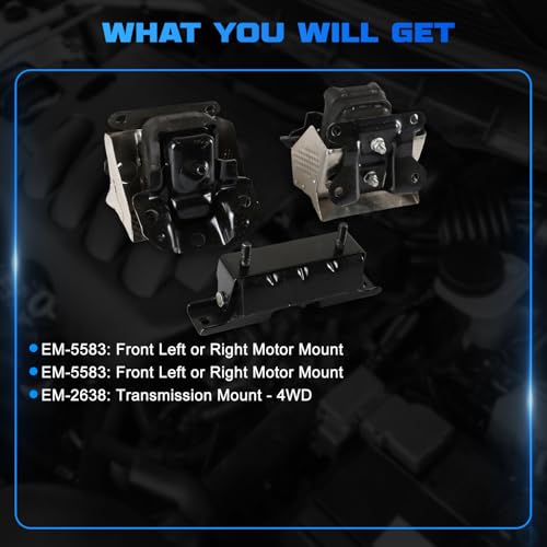 Engine Motor and Transmission Mount Kit 3Pcs Compatible with 2007-2014 Avalanche, Escalade, Escalade, Sierra, Silverado, Suburban, Tahoe, Yukon 5.3L 6.0L 6.2L Replace # A2638, A5365, A5365