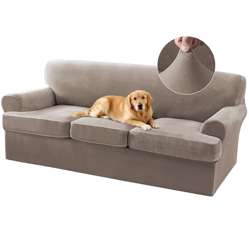 Turquoize T Cushion Sofa Slipcover 4 Piece Sofa Covers for 3 Cushion Couch Thick Velvet Couch Cover Stretch Furniture Covers with 3 Individual T Cushion Covers, Washable (3 Cushion Sofa, Taupe)