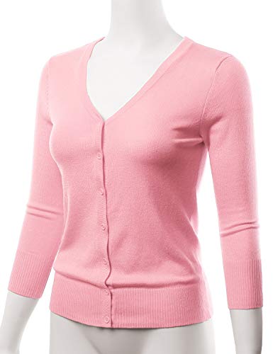 EIMIN Women's 3/4 Sleeve V-Neck Button Down Stretch Knit Cardigan Sweater LIGHTPINK S - Thumbnail 2
