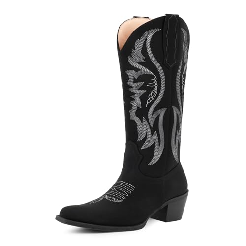 LingxiaUne Black Cowboy Boots for Women Mid Calf Suede Cowgirl Boots Pointed Toe Chunky Heel Western Boots for Dancing Party Concert Black Size 7.5