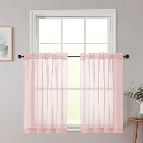 WelvetBLK Cafe Curtains 36 Inch Length Tier 2 Pieces, Modern Soft Airy Sheer Kitchen Short Curtains for Small Window, Rod Pocket Small Curtain for Bathroom Basement, Blush, Each, 42" Wx36 L Inches