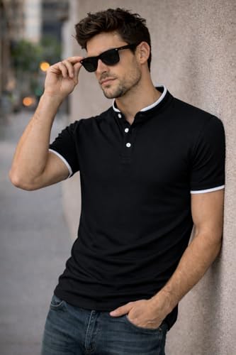 Image of Dagcros Men Polo T-Shirt, with White Trim, Short Sleeve, Button Collar Tshirt for Mens