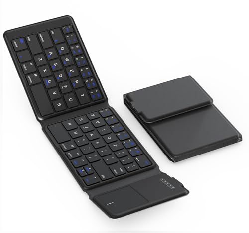 Foldable Bluetooth Keyboard with Touchpad, Ultra-Slim Tri-Folding Portable Keyboard, Full-Size Rechargeable Travel Keyboard with Premium Leather Texture for iPad, Tablet, PC, iOS & Android