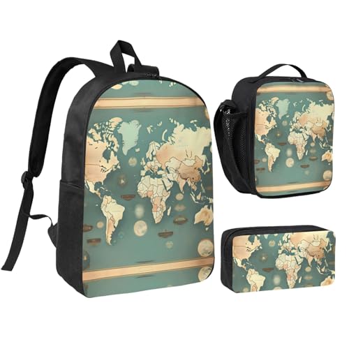 Sac à dos carte du monde rétro avec boîte repas et trousse pour voyage et camping
