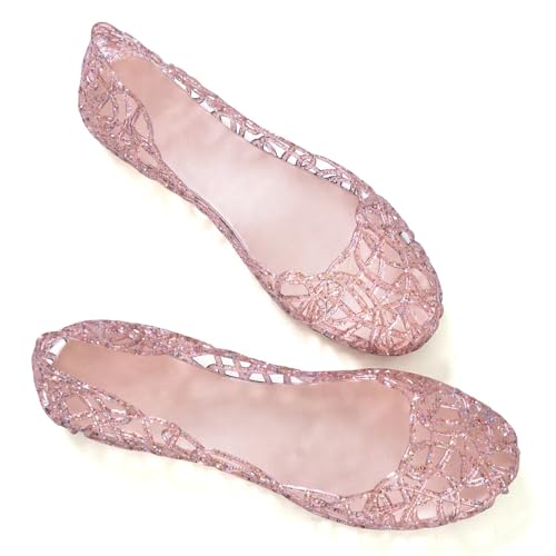 Image of Stunner Women Beach Jelly Shoes Slip On Crystal Summer Hollow Ballet Flats | Summer Cool PVC Breathable Outdoor Indoor Dressy Flat Sandals for Holiday Shopping Spa Swimming Pool