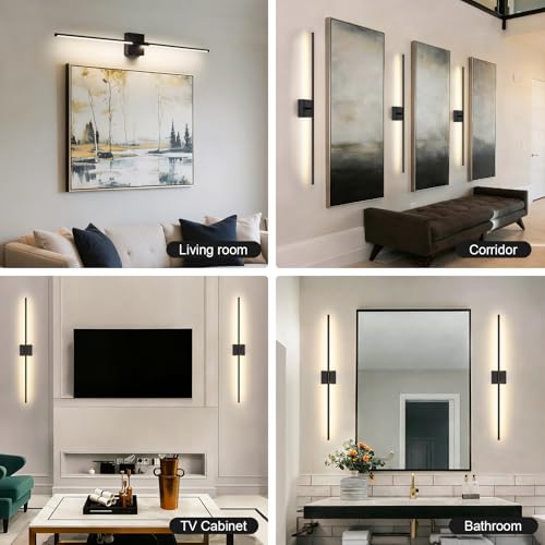 Image of Battery Operated Wall Sconce, 3000K-6000K Dimmable Black Wall Lights with Remote Control, Timable LED Wireless Wall Sconces, 350 Ratate for Bathroom, Living Room, Hallway 39.4 Inch 1 Pack