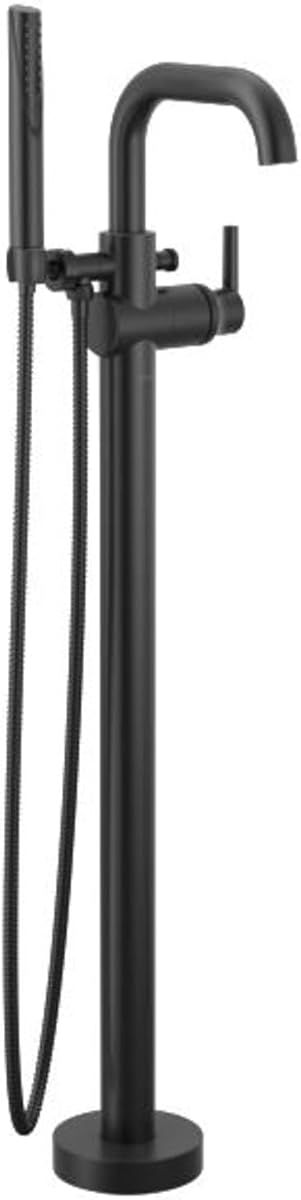 Delta Faucet Trinsic - Relleno para bañera con montaje en suelo, boquilla romana independiente con ducha de mano, manguera de ducha flexible, válvulas de retención doble, negro mate, T4754-BLFL (se vende por separado)