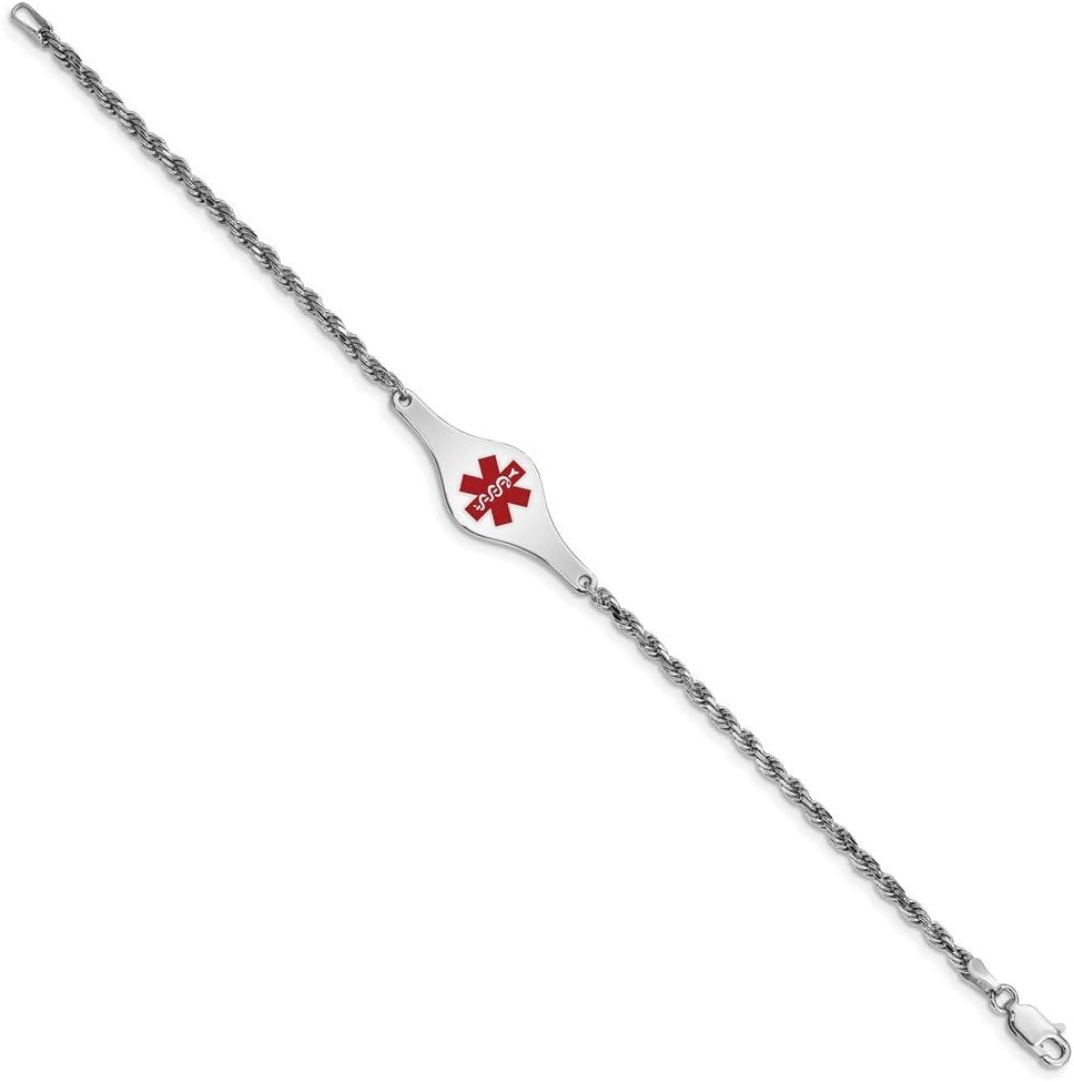 Polished Engravable Personalized Custom 925 Sterling Silver Medical ID Rope Link Bracelet For Women Length 7 inches Width 1 mm