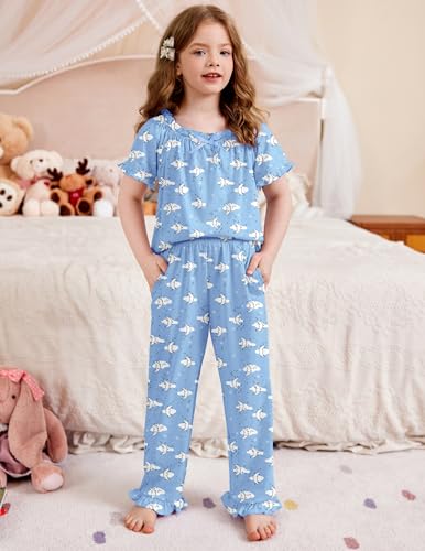 Arshiner Girls Pajamas Soft 2 Piece Pjs Sets Ruffle Short Sleeve Long Pants Sleepwear2