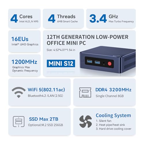Image of Beelink Mini S12 Mini PC, 12th Intel Alder Lake- N95 (4C /4T, up to 3.4GHz), 8GB DDR4 256GB M.2 SSD, Mini Desktop Computer Support 4K@60Hz Dual Display /WiFi 6 /BT5.2 /USB 3.2 /2.5GB LAN for Home /Office
