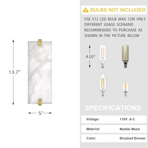 Image of 13.7 inch Natural Square Alabaster Marble Modern Concise 2 Pack 2 Light Wall Sconce Fixture,Brushed Bronze Finish for Bathroom Bedroom Hallway Bedside Staircase Vanity Mirror