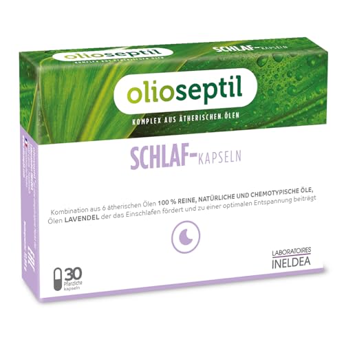 OLIOSEPTIL – Schlaf-Kapseln – Hilft beim Einschlafen – Trägt zu einem erholsamen Schlaf bei – Trägt zur Entspannung und Erholung bei – Mit ätherischen Ölen – Glutenfrei – 30 pflanzliche Kapseln