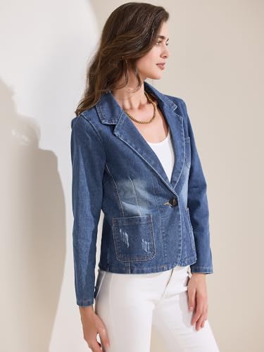 Allegra K Women's Loose Denim Jackets Washed Jean Notched Lapel Outwear with Pockets2